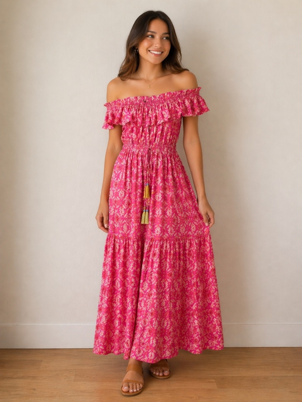 THML Pink Floral Off-Shoulder Maxi Dress with Tassel Waist Size M Boho Beach - Picture 2 of 12